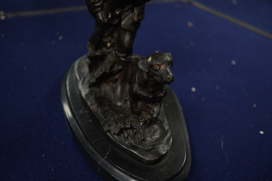 After Pierre-Jules Mene (1810-1879), a bronze hunting group on marble base, 18cm